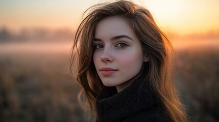 Fototapeta premium Portrait of a Young Woman with Natural Beauty in a Misty Field During Sunrise