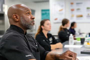 Chef listening attentively during culinary training in professional kitchen