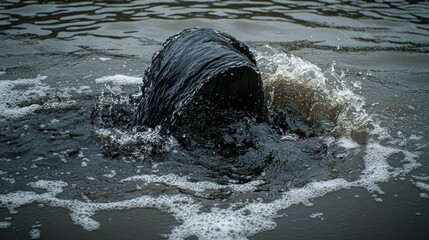 Fototapeta premium Dark object submerged in murky water, causing ripples and splashes