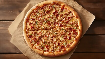 Overhead View of a Sliced Meat Pizza on Rustic Wooden Table