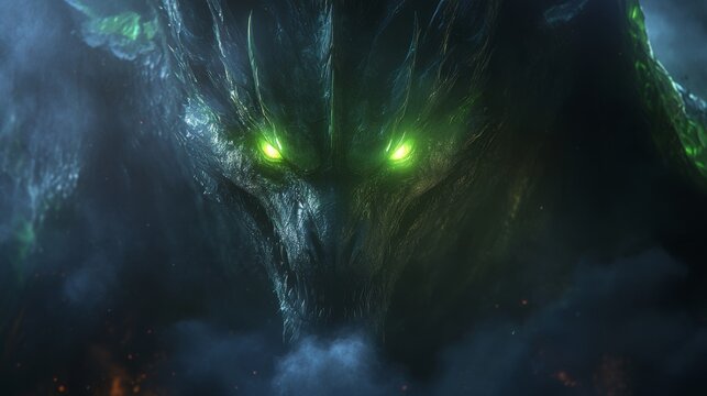 In a dark cave, a giant medieval dragon with bright green eyes and blazing flames. A legendary beast. Gothic-style concept art of the dragon's head. A 3D rendering of the game's final boss area
