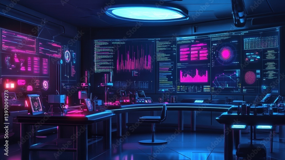Poster a futuristic laboratory with glowing screens displaying data and lab equipment on the tables. illust