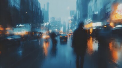 Obraz premium Blurred City Street View with Raindrops on the Windowpane at Night