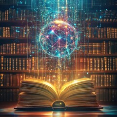  Visually Striking eBook Cover Illustrating Evolution of Knowledge from Traditional Leather-Bound Book to AI, Glowing Pages Transform into Data Streams, Complex Circuits, Holograms, Digital Sphere