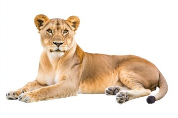 Obraz premium Female lion lying down, facing forward, isolated on white background.