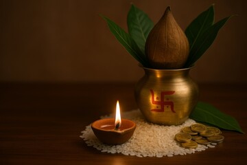 Auspicious Kalash with Coconut, Mango Leaves, and Ritual Items for a Hindu Festival