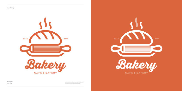 Bakery logo design vector illustration editable. Symbol emblem bread integrated with rolling pin concept. Vintage monoline classic food shop for cafe, eatery, restaurant, home made and brand identity