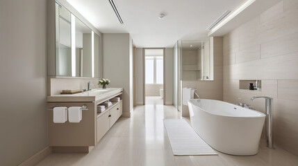 Spacious Bathroom Featuring a Soaking Tub, Oversized Mirror, and Luxurious Finishes for Ultimate Relaxation Retreat