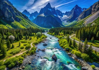 Majestic Rocky Mountain river vista: a stunning aerial drone shot showcasing vibrant blue skies and high-altitude beauty.