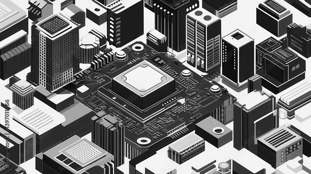Aufkleber monochrome electronic cpu digital chip, processor and electronic components on a motherboard or circ