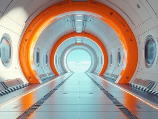 Central Orange Runway with Futuristic Technology Surrounded by Auditoriums in Circular Building, Blue Sky Visible, Advanced Tech Color Scheme, 3D Rendering using OC Renderer and Blender