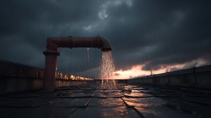 Fototapeta premium Rainwater flows from a pipe on a rooftop during a dramatic sunset Dark storm clouds loom overhead