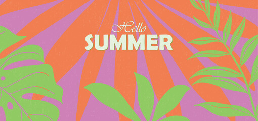 Hello Summer Tropical Leaves Background, Orange and Pink Retro Style