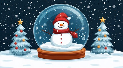 Snow globe snowman, trees, snow
