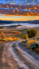 Fototapeta premium Sunrise Over Foggy Valley, Winding Road