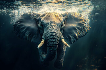 Underwater journey of an elephant exploring a tranquil aquatic environment in a serene setting