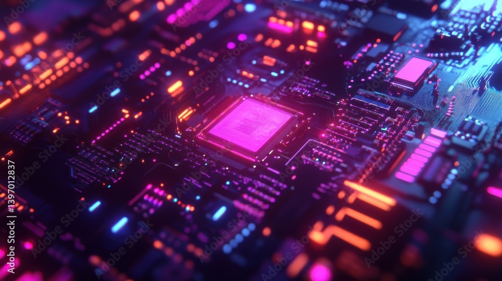 Poster close-up view of a glowing computer microchip on a circuit board, showcasing intricate electronic co