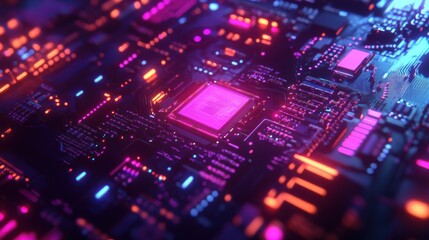 Obraz premium Close-up view of a glowing computer microchip on a circuit board, showcasing intricate electronic connections and vibrant technology design. illustration