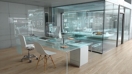 Modern Glass Office Desk with Futuristic Holographic Projections Showing Data and Charts