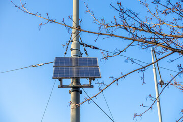 Solar panel installed on street pole with electric wires and tree branches on clear blue sky...