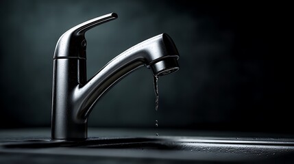 Leaking Modern Metal Faucet Dripping Water Dark Background Plumbing Repair