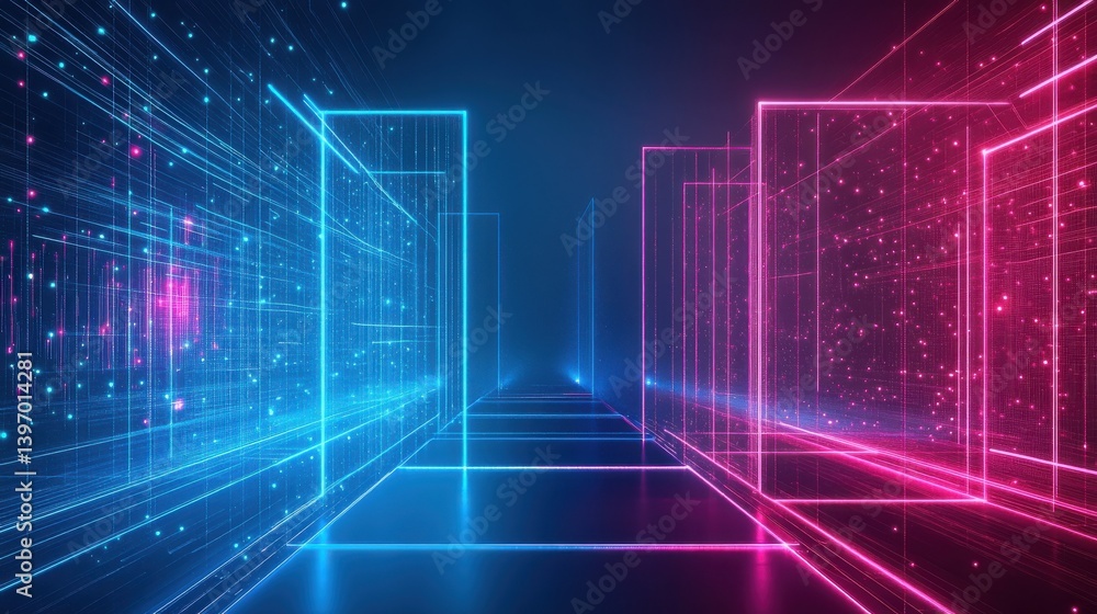 Poster neon glowing digital technology circuit board in computer. futuristic glowing bright blue color. abs