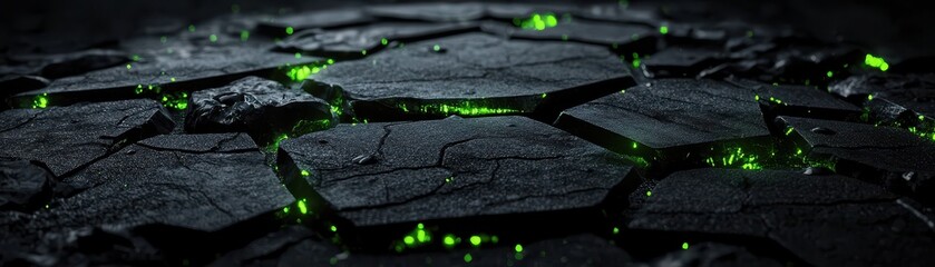 High Contrast Anthracite Stone Texture with Glowing Green Elements on a Dark Surface