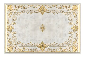Rectangular carpet with ornate gold floral pattern on a light background.