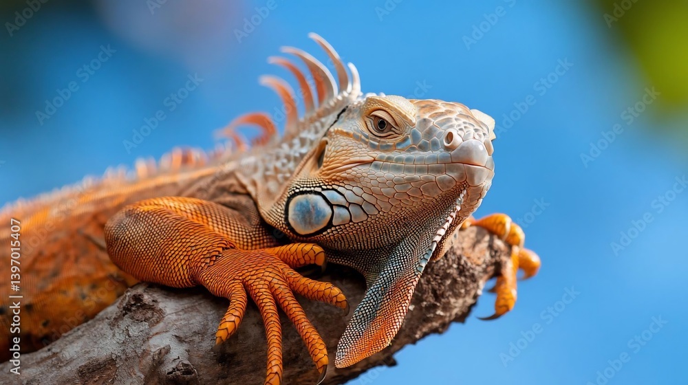 Poster orange iguana perched on a branch against a vibrant blue sky. detailed texture and sharp focus on th