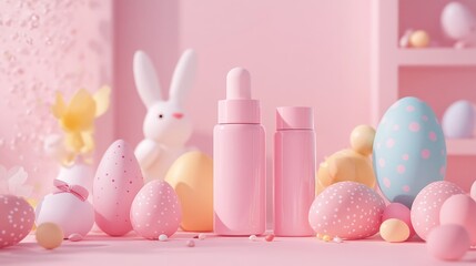 Pastel-hued makeup bottles are artistically displayed with decorative Easter eggs and a cute bunny, celebrating the spirit of spring and festivities