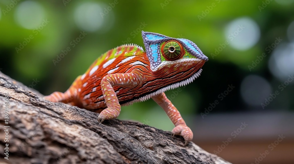 Poster Vibrant chameleon on tree branch, showcasing intricate scales and striking colors against a blurred green background. Close-up shot with shallow depth of field