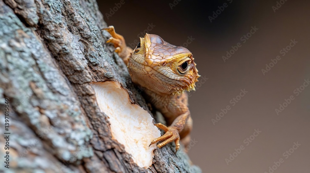 Poster Close-up of a small, light brown lizard clinging to a tree trunk. The lizard's textured skin and sharp claws are visible. The tree bark is rough and mottled with gray and brown tones. Soft, blurred