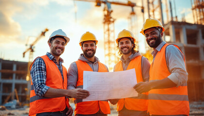 Diverse engineers and workers on a construction site during golden hour, with blueprints.

