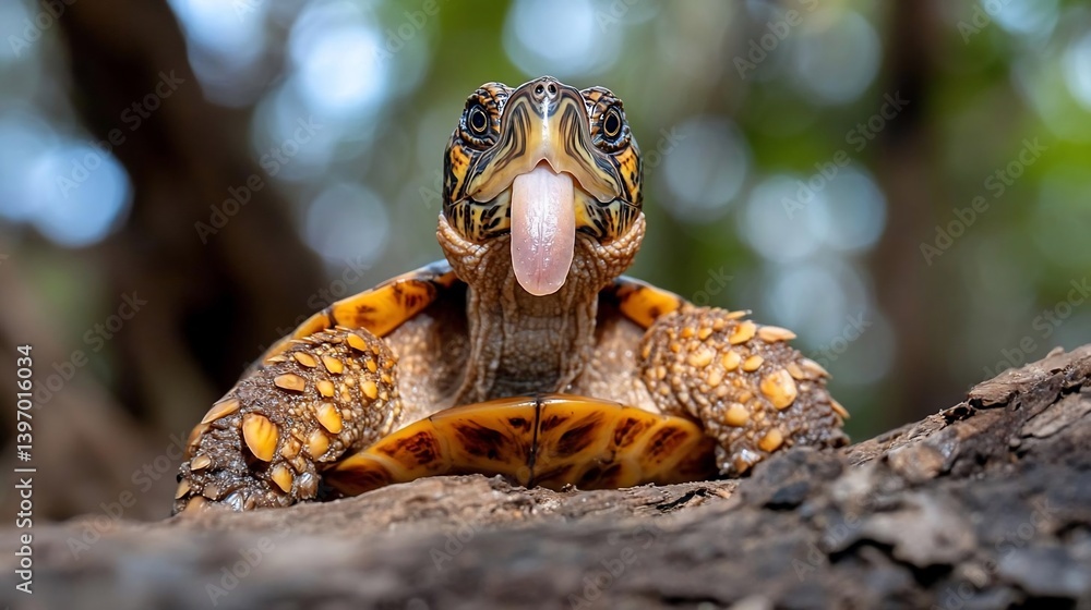 Poster Close-up of a small turtle with its tongue out, perched on a dark brown log. The background is blurred, showing a bokeh effect of green and bright light