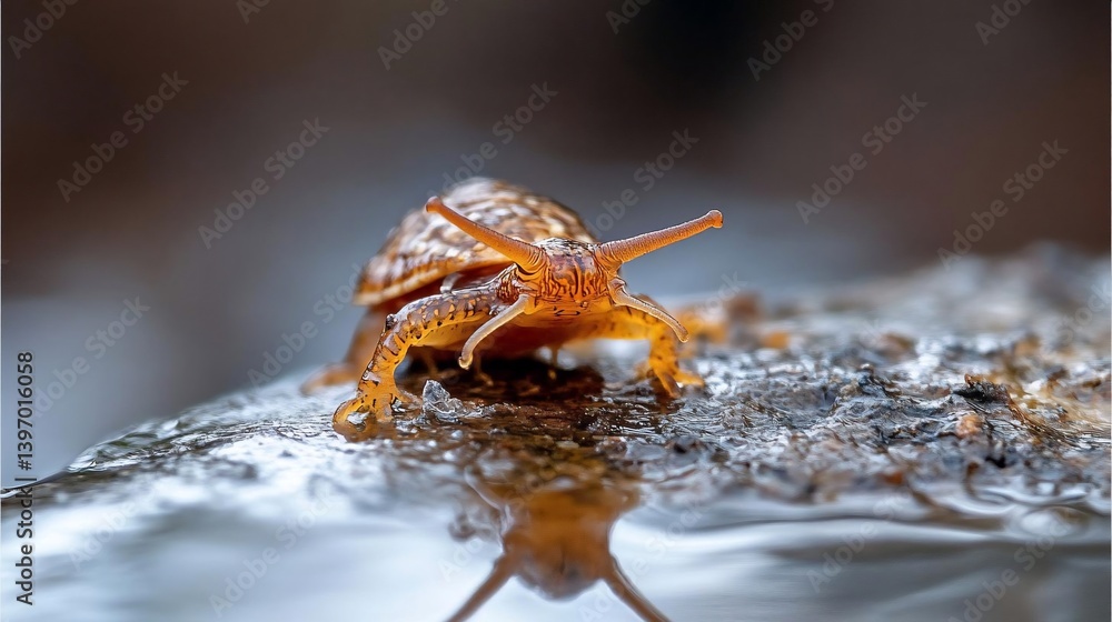 Poster close-up of a small, orange terrestrial mollusk on a wet, dark surface. the creature's reflection is