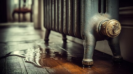 Leaking radiator causing water damage on wooden floor Home repair and maintenance needed
