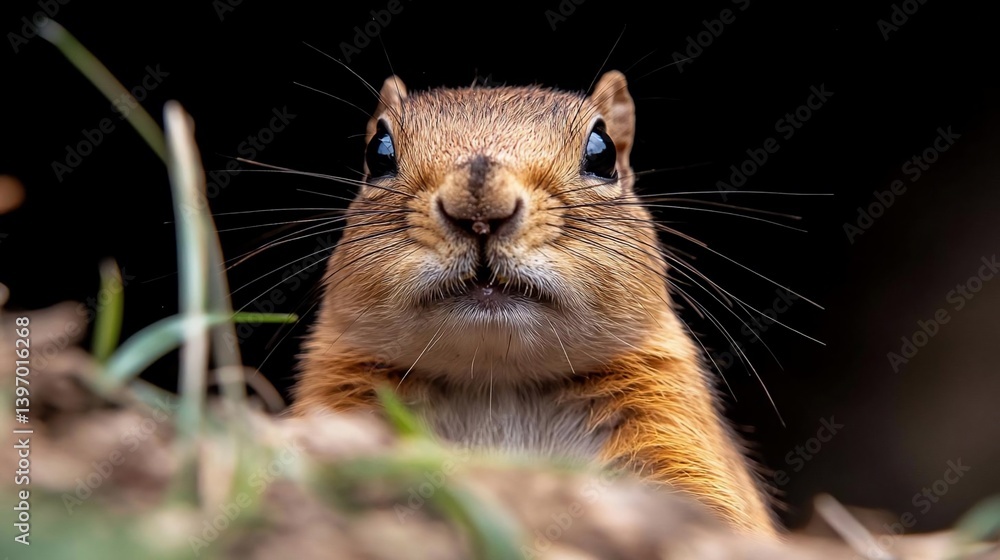 Poster close-up view of a small rodent with bushy whiskers, peering from behind foliage. the animal is prim