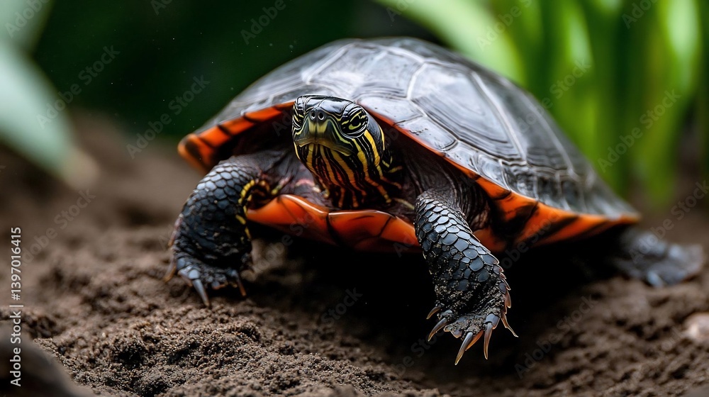 Poster Close-up of a turtle on dark soil with green vegetation in the background. The turtle has a dark shell with orange and yellow markings