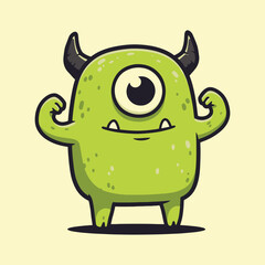 Cartoon green monster with one eye vector illustration for kids and halloween design element