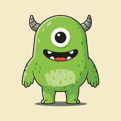 Cartoon green monster character vector illustration cute happy one eye horns design graphic art drawing