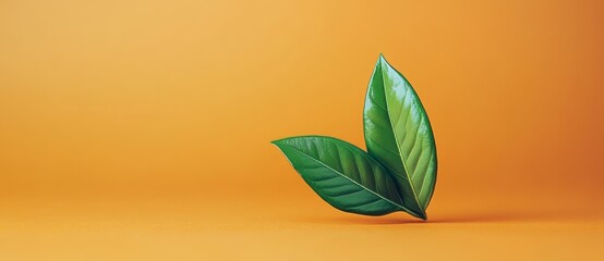 A green leaf on a yellow backdrop, indicating environmental sustainability and eco-friendly themes, with space for text