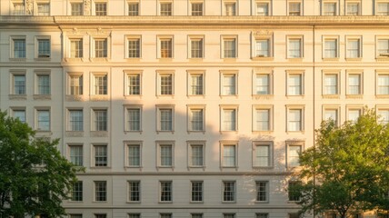 Obraz premium Pale Building Facade with Evenly Spaced Windows and Green Trees in Sunlight