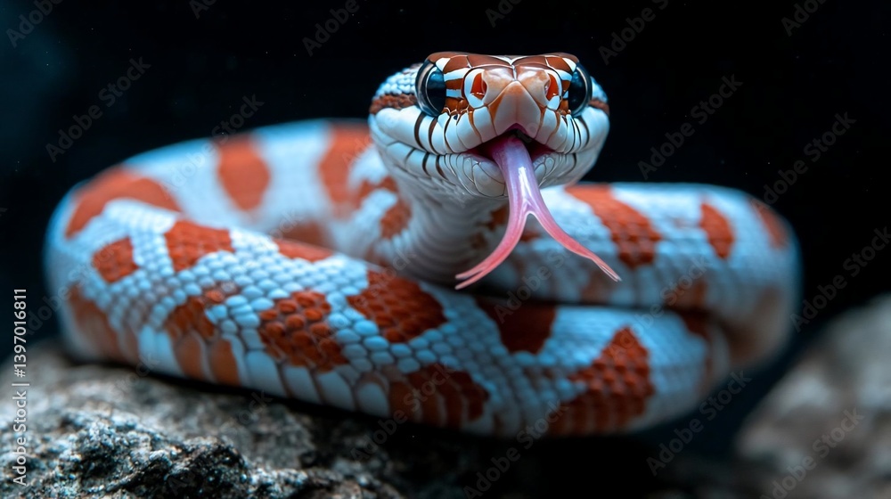 Aufkleber close-up of a red and white snake with a forked tongue, coiled on a dark rock against a black backgr