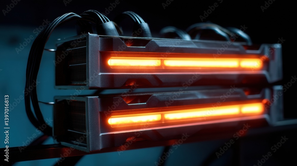 Poster high-tech graphics card with glowing elements.
