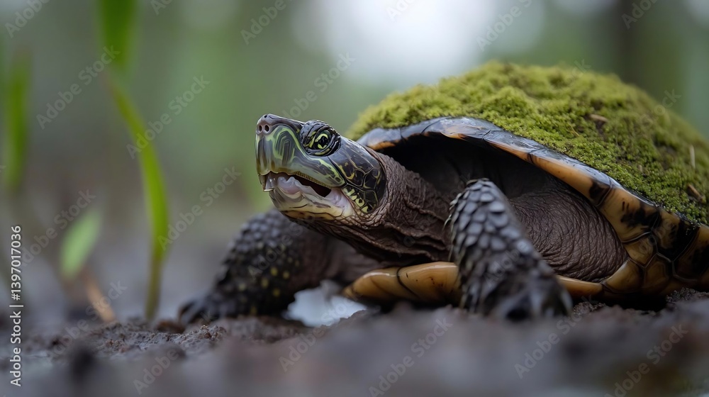 Aufkleber Close-up of a turtle with moss on its shell, in a natural outdoor setting. The turtle is dark brown and green, with visible texture. Shallow depth of field, focused on the turtle