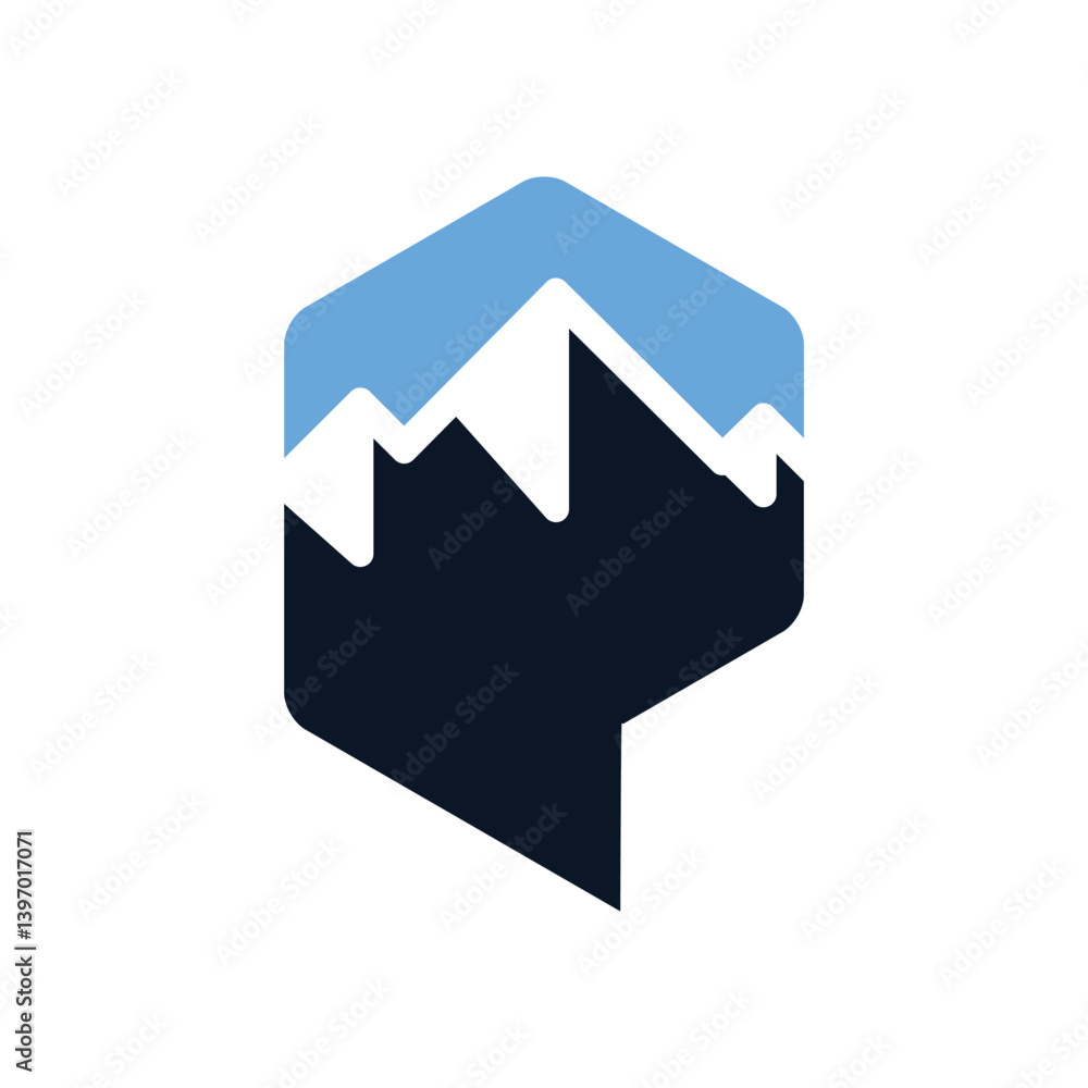 Poster this is a simple flat logo design of a mountain range inside an initial letter p in blue color combo