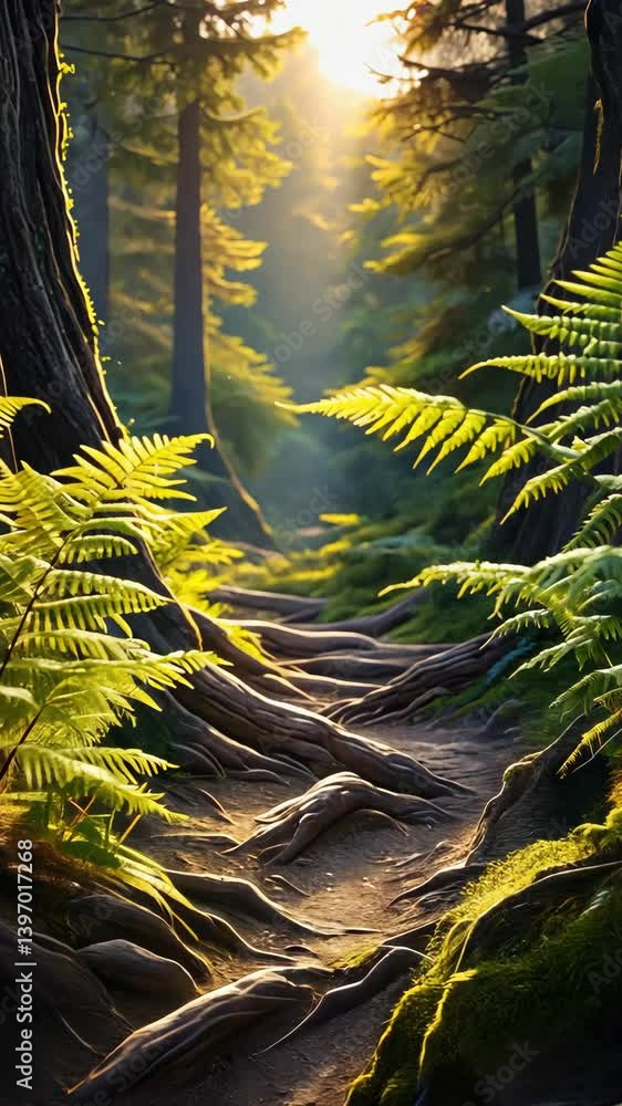 Aufkleber lush forest path with sunlight streaming through trees and ferns, creating a vibrant, serene scene a