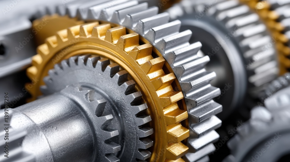Poster close-up of interlocking metallic gears in machinery.
