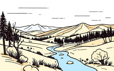 Fototapeta premium 川と針葉樹のある山の風景イラスト