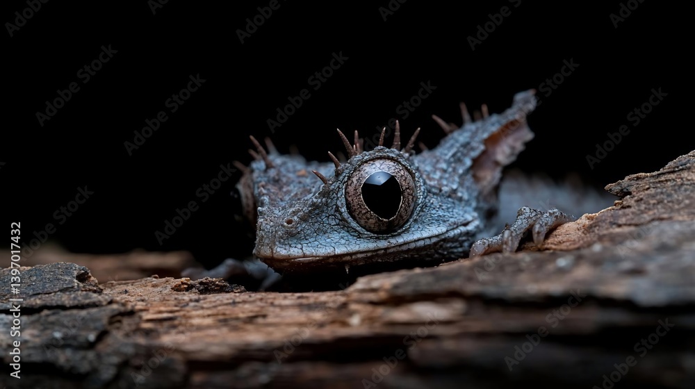 Poster close-up of a small, dark-colored reptile with spiky skin and large eyes, partially hidden in dark b